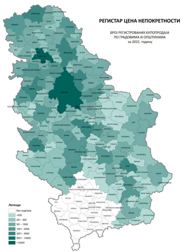 Количество проданной недвижимости в разных регионах Сербии